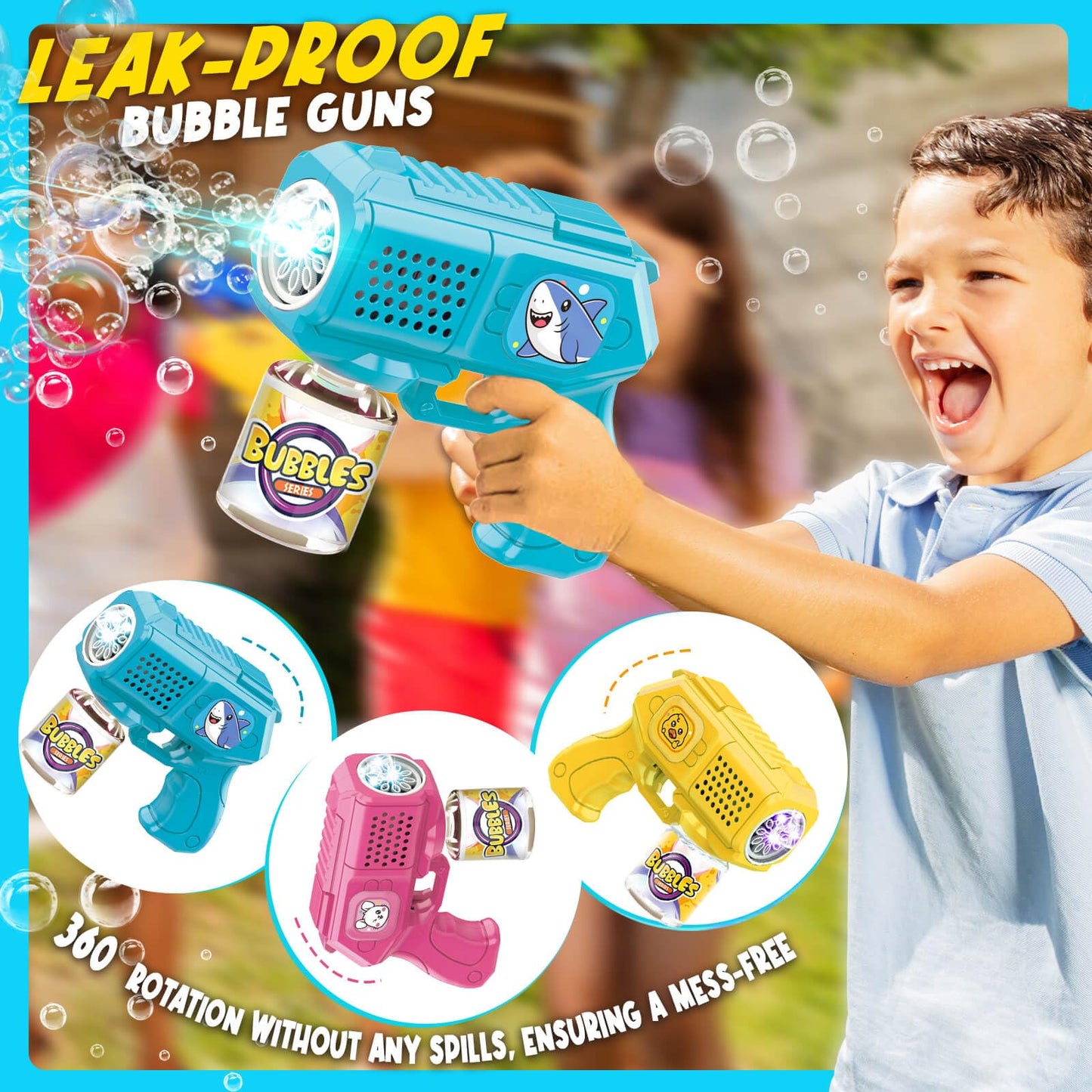 Beria Bubble Guns 3-Pack with Solution | Light-Up Blasters for Kids 3-8