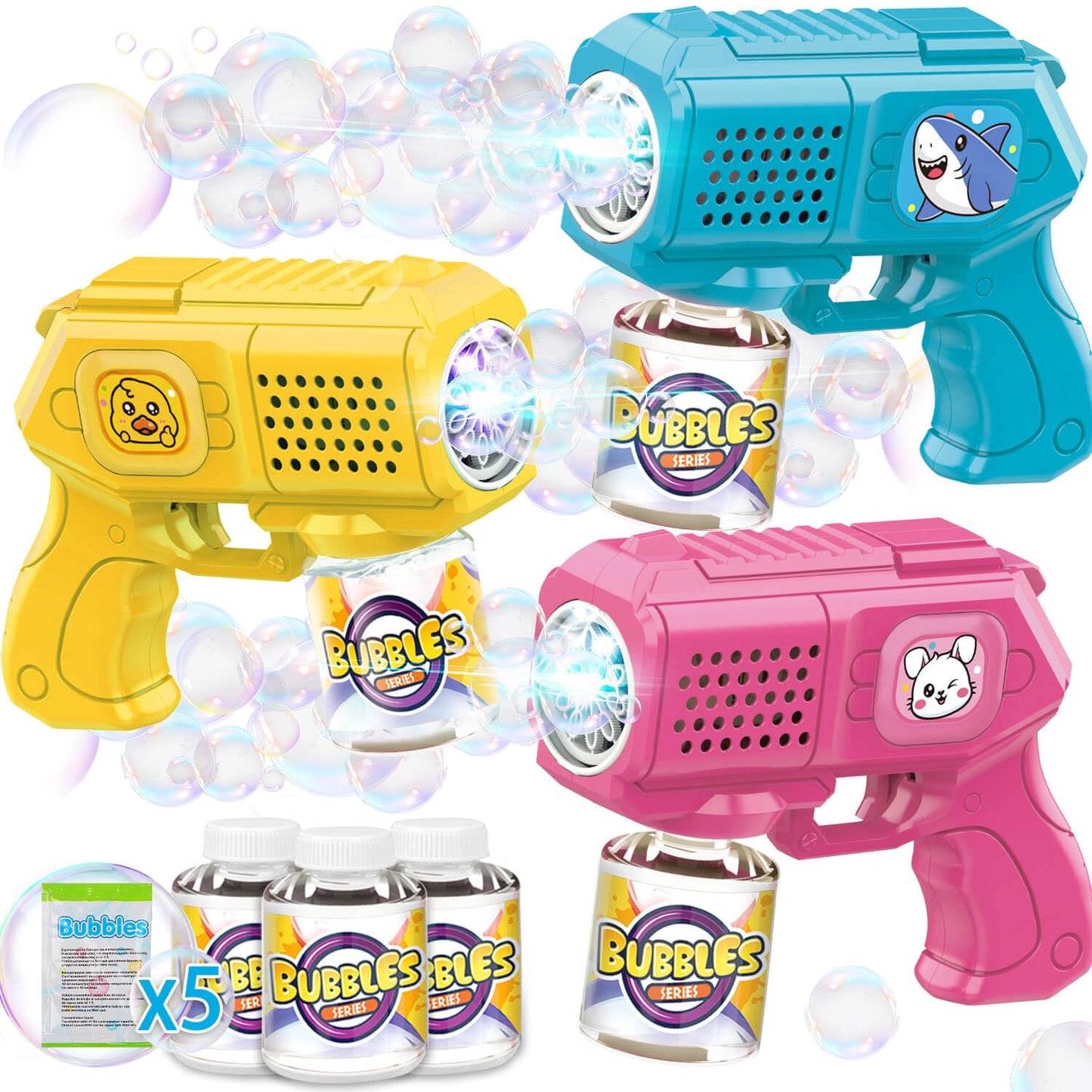 Beria Bubble Guns 3-Pack with Solution | Light-Up Blasters for Kids 3-8