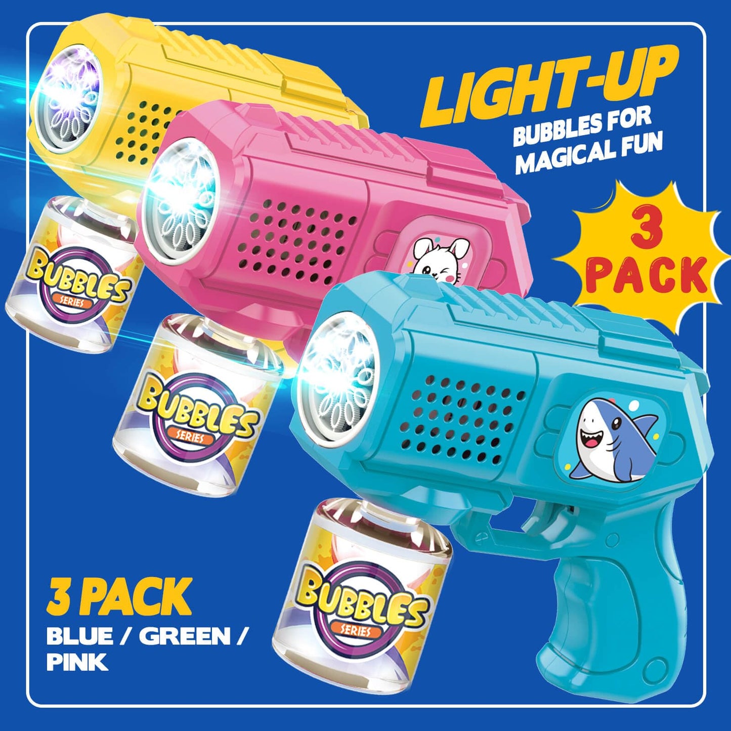 Beria Bubble Guns 3-Pack with Solution | Light-Up Blasters for Kids 3-8