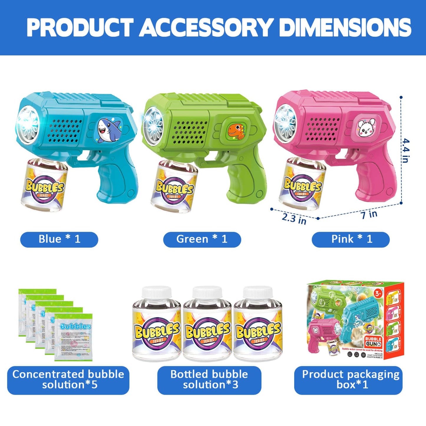 Beria Bubble Guns 3-Pack with Bubble Solution | Light-Up Bubble Blasters for Kids