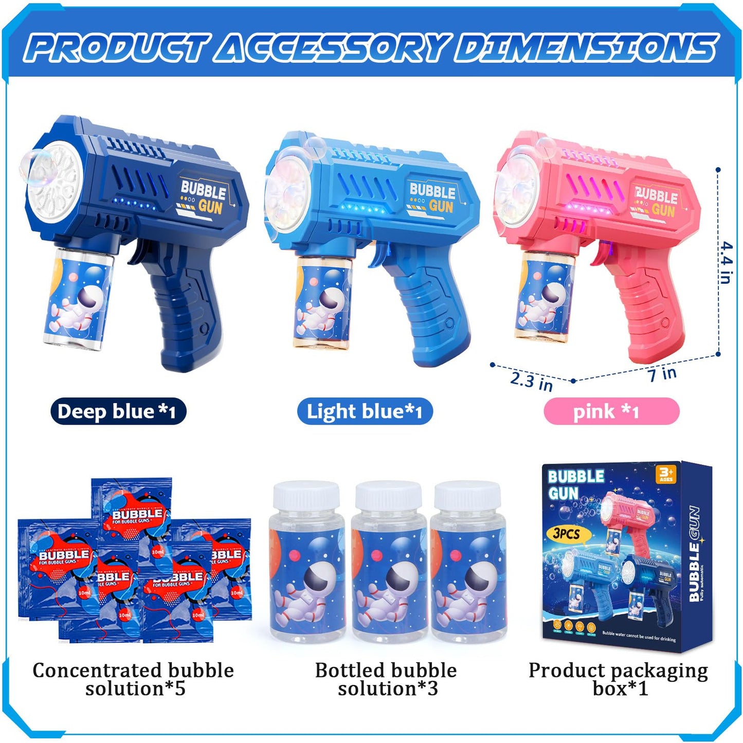Beria 3 Packs Bubble Guns with 3 Solutions – Automatic Bubble Machine for Kids Ages 3-8