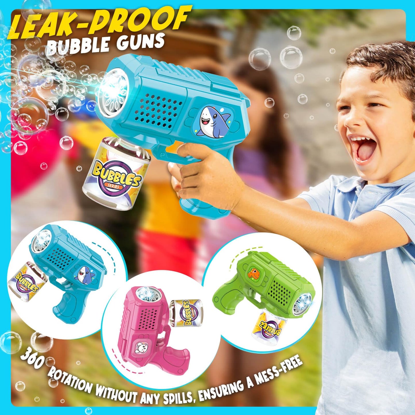Beria Bubble Guns 3-Pack with Bubble Solution | Light-Up Bubble Blasters for Kids