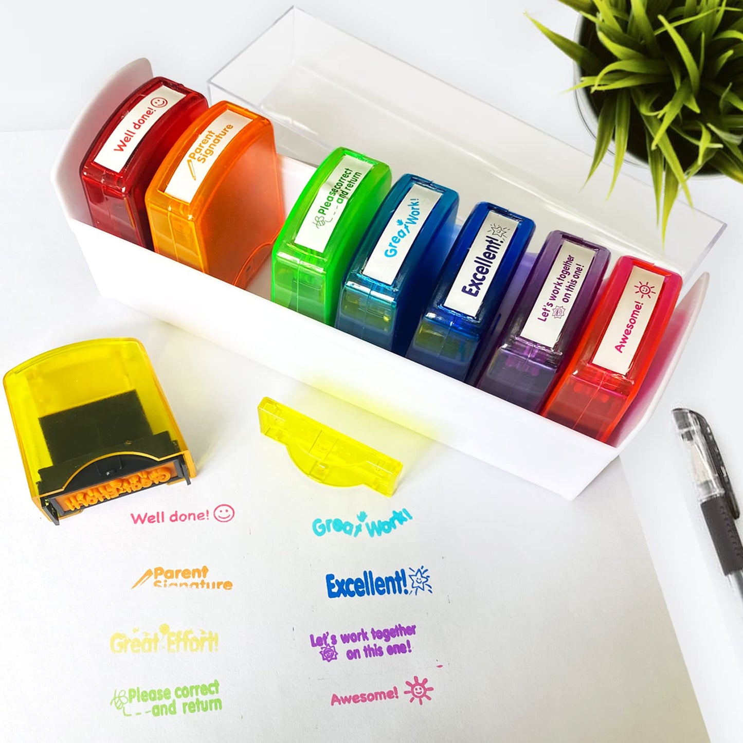 Bertiveny Teacher Stamps – 8 Self-Inking Rainbow Classroom Set