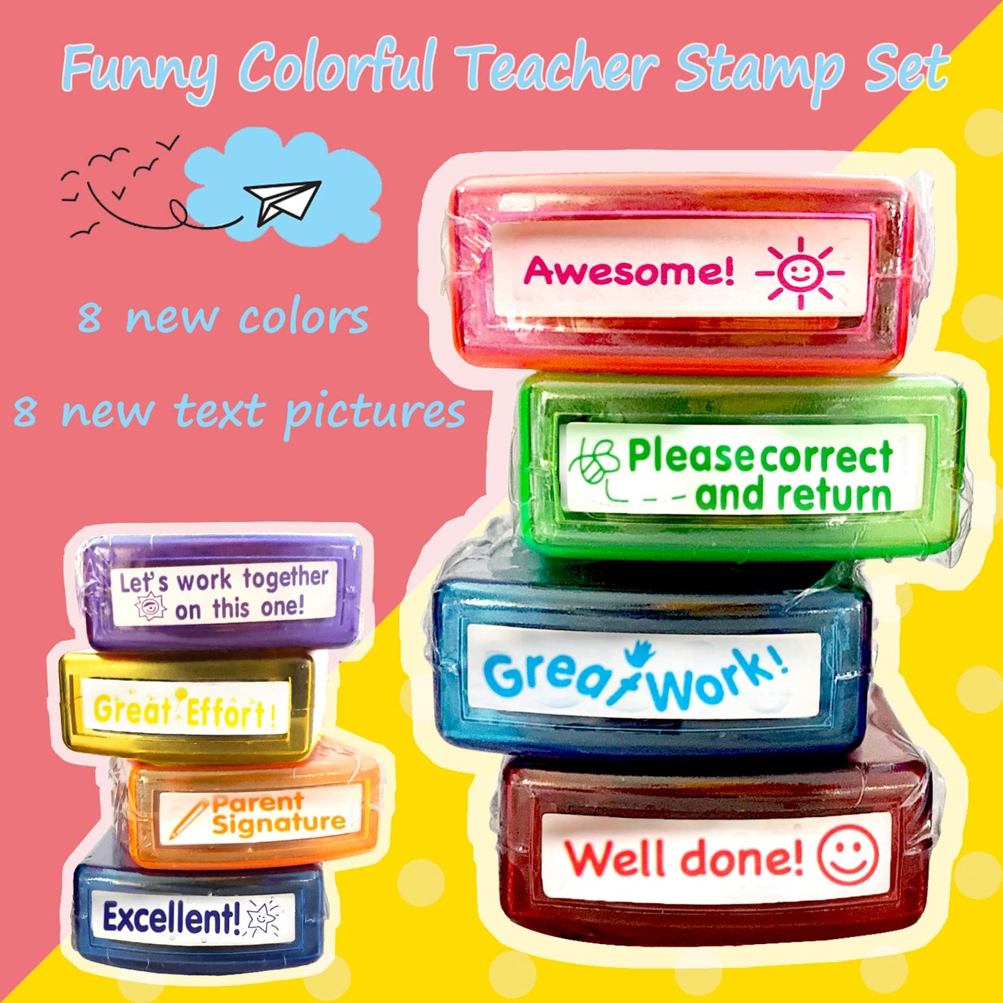 Bertiveny Teacher Stamps – 8 Self-Inking Rainbow Classroom Set