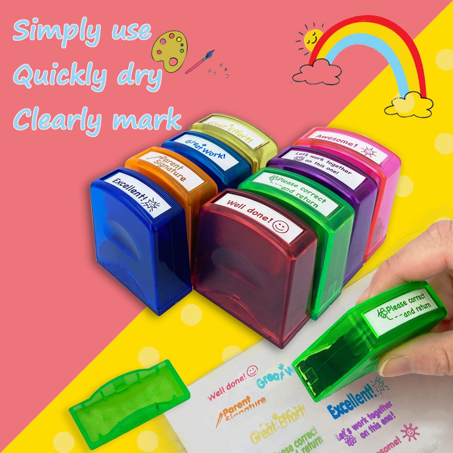 Bertiveny Teacher Stamps – 8 Self-Inking Rainbow Classroom Set