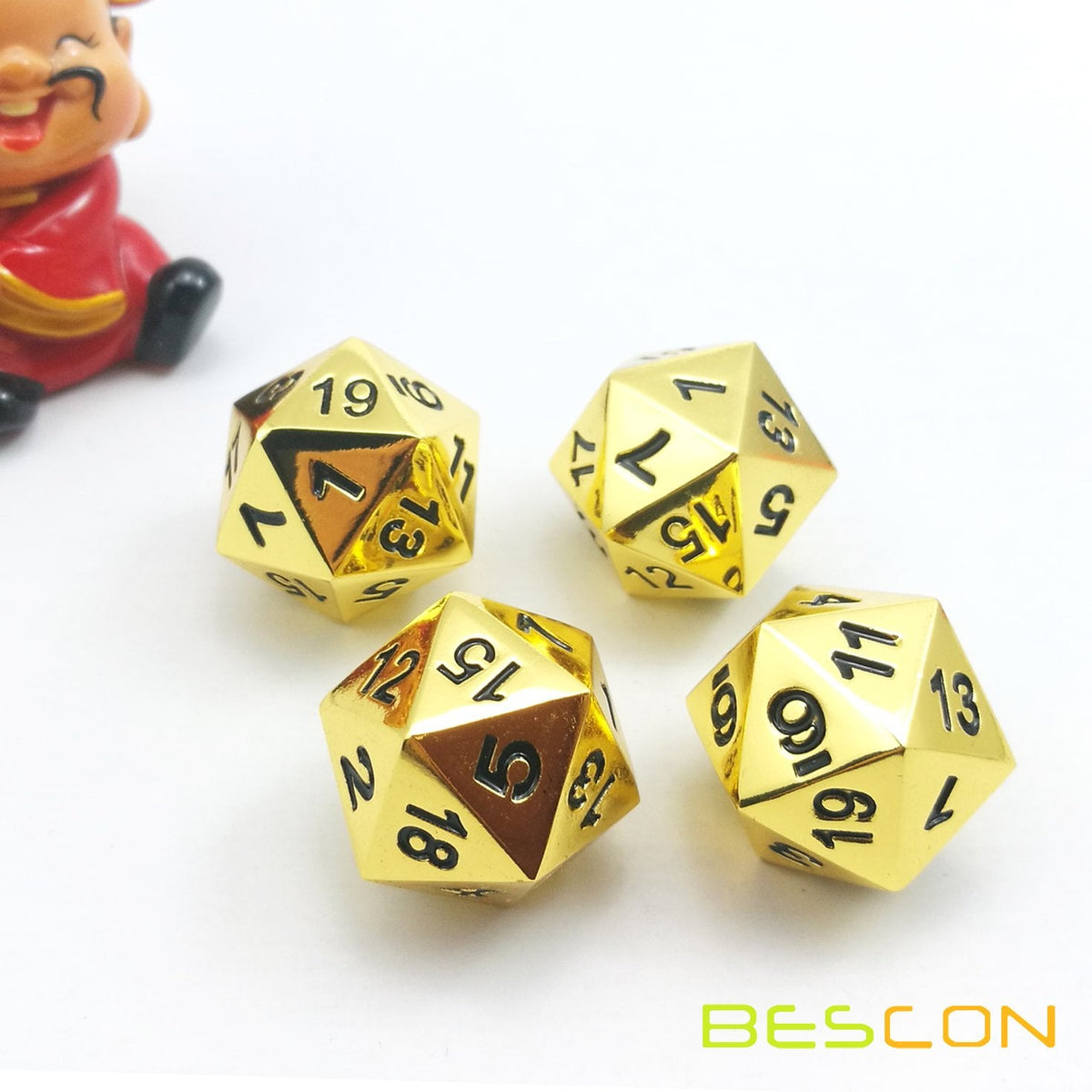 Bescon Deluxe Golden Solid Metal D20 Dice Set – 4x 20-Sided Gold Polyhedral Dice