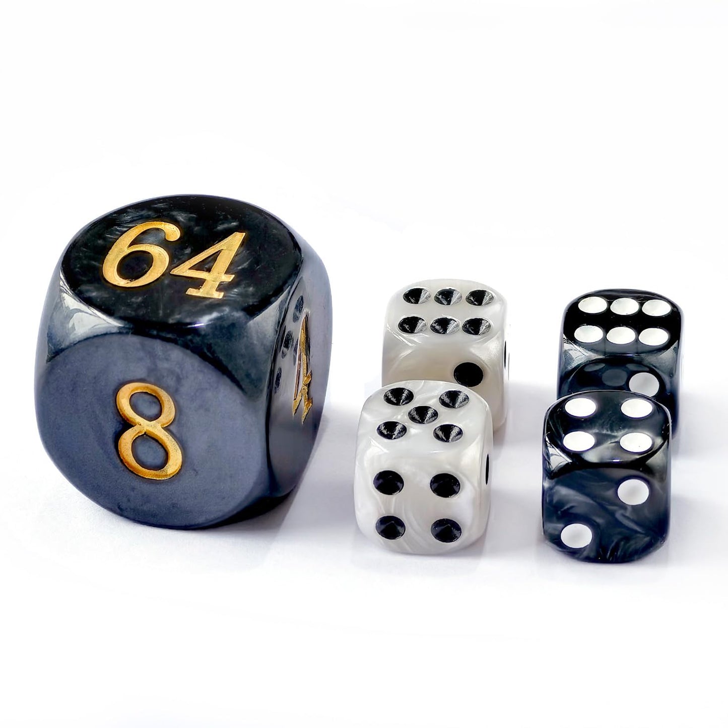 Bescon DICE 5pcs Backgammon Marble Dice Set - 30MM Doubling Cube + 4x 16MM Dice (Black/White Marbleized)