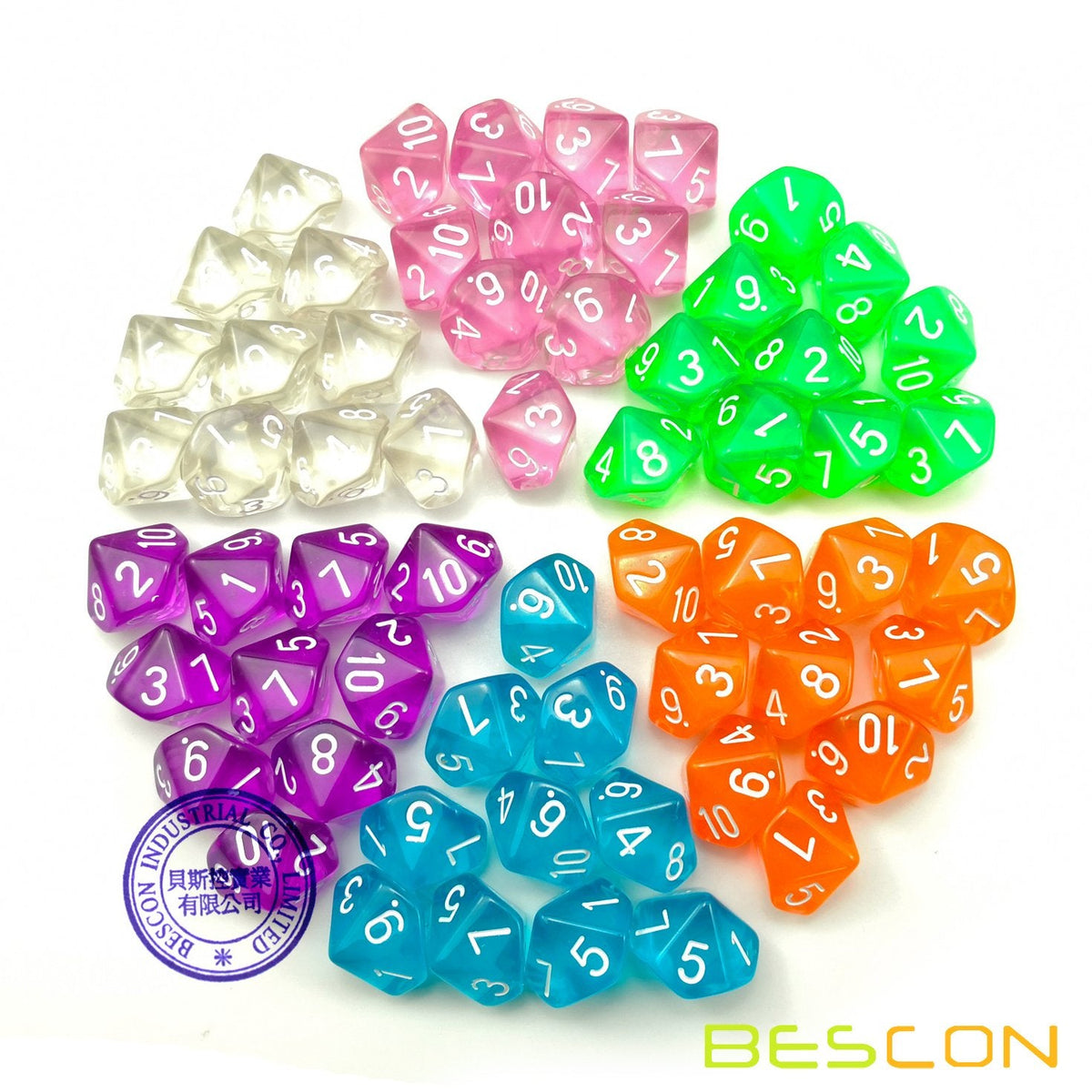 BESCON DICE 60pcs Translucent D10 Set – 6 Colors with Velvet Pouch