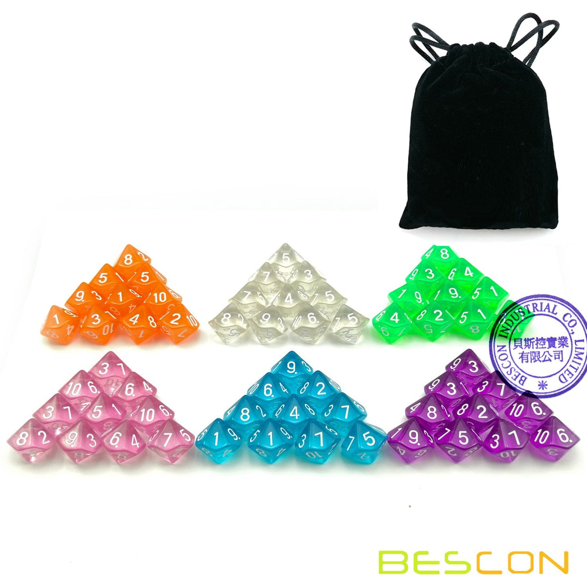 BESCON DICE 60pcs Translucent D10 Set – 6 Colors with Velvet Pouch