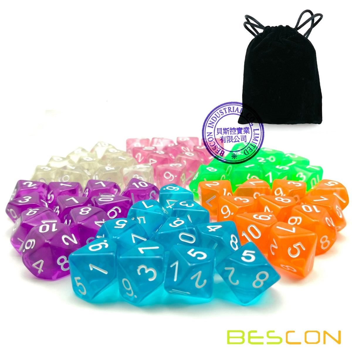 BESCON DICE 60pcs Translucent D10 Set – 6 Colors with Velvet Pouch