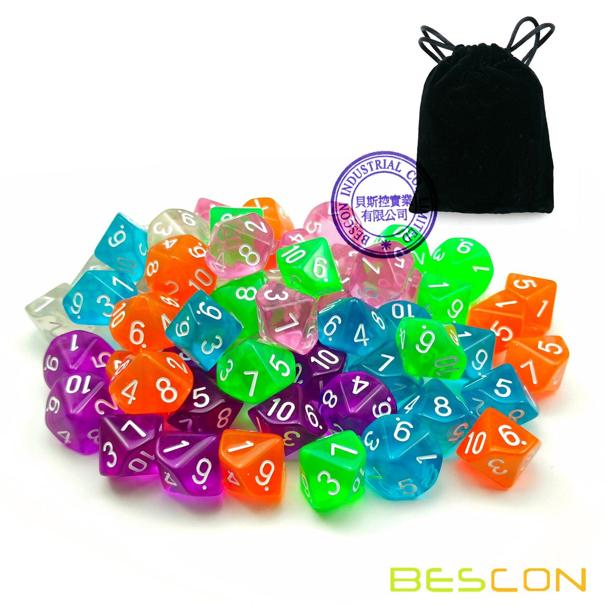 BESCON DICE 60pcs Translucent D10 Set – 6 Colors with Velvet Pouch
