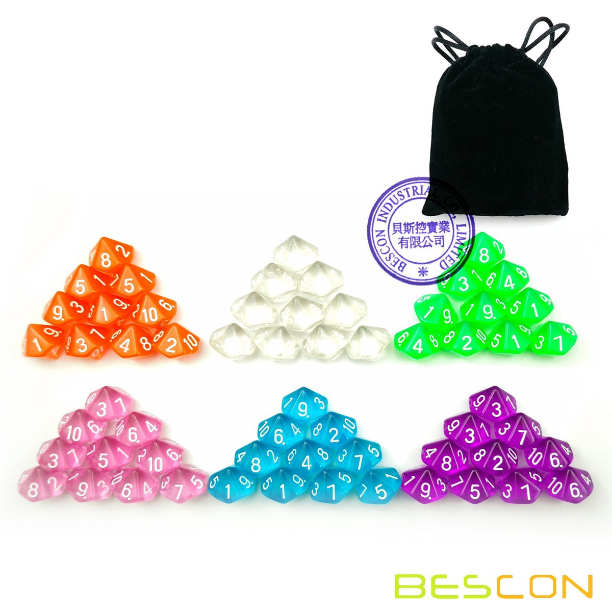BESCON DICE 60pcs Translucent D10 Set – 6 Colors with Velvet Pouch