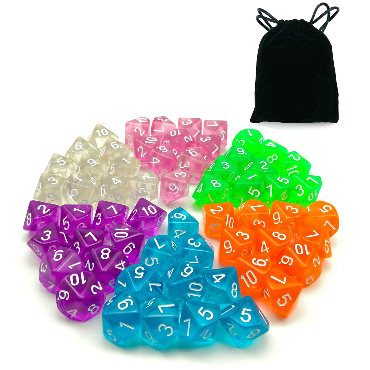 BESCON DICE 60pcs Translucent D10 Set – 6 Colors with Velvet Pouch