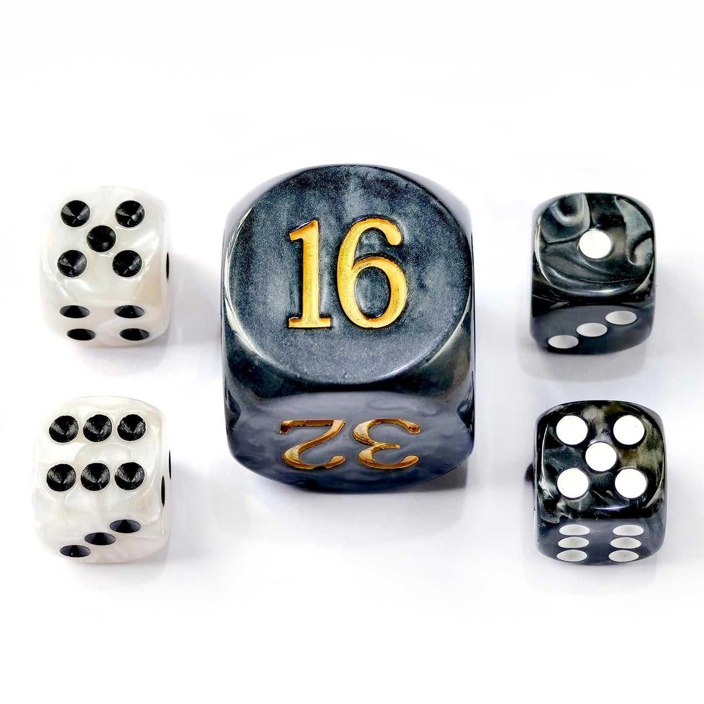 Bescon DICE 5pcs Backgammon Marble Dice Set - 30MM Doubling Cube + 4x 16MM Dice (Black/White Marbleized)