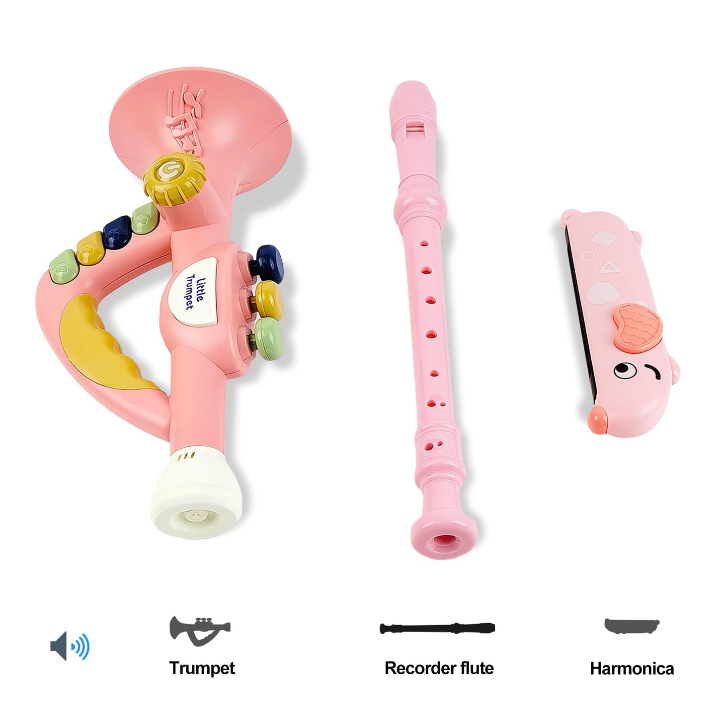 Besiciwiin Toddler Musical Instruments Set – Trumpet, Harmonica & Recorder Flute (Pink)