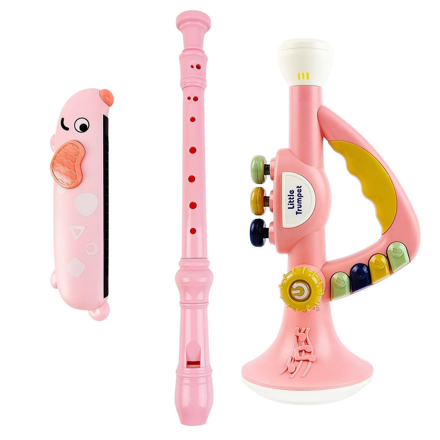 Besiciwiin Toddler Musical Instruments Set – Trumpet, Harmonica & Recorder Flute (Pink)
