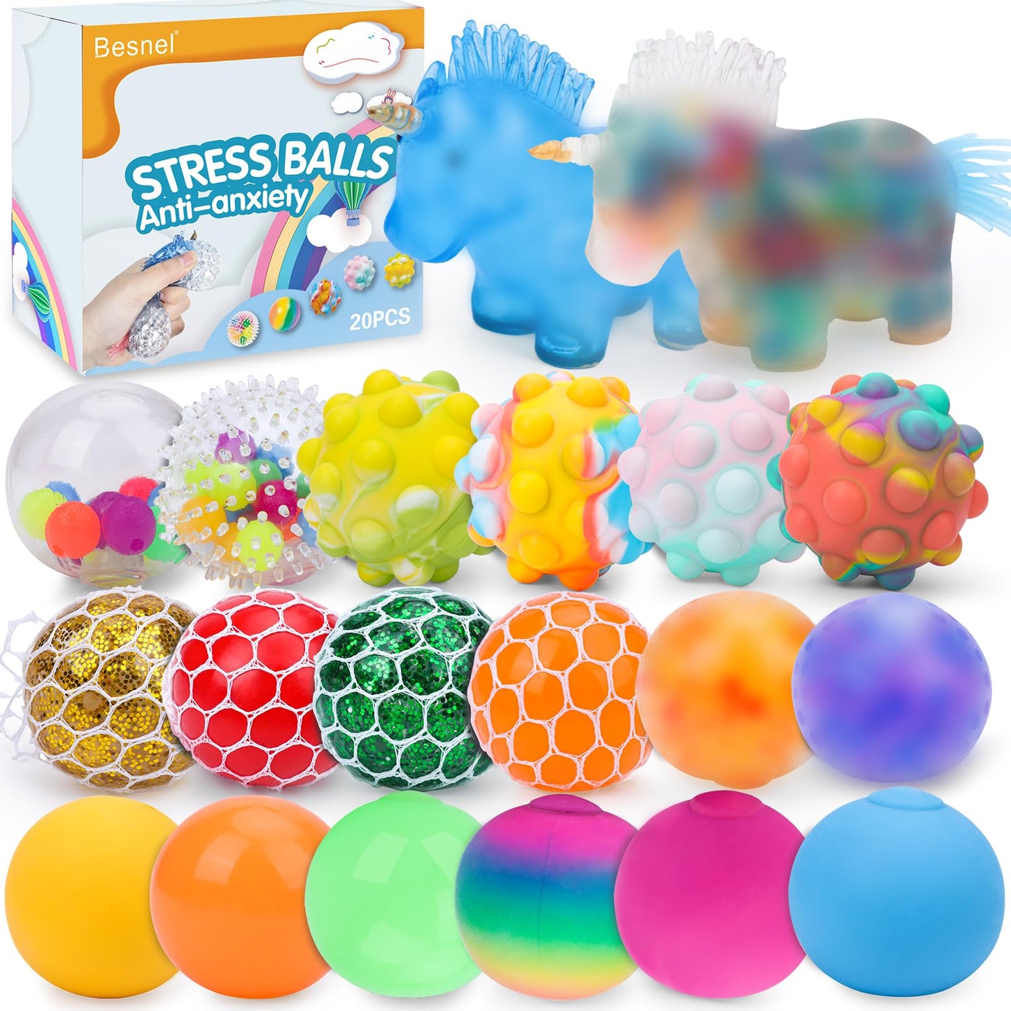 Besnel 20-Pack Stress Balls for Adults – Squishy Squeeze Balls, Party Favors