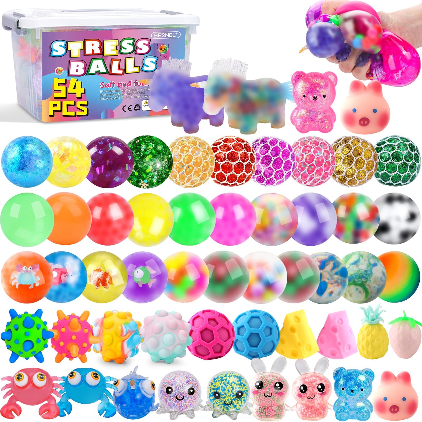 BESNEL 54 Pack Stress Balls – Colorful Squishy Fidget Toys & Party Favors