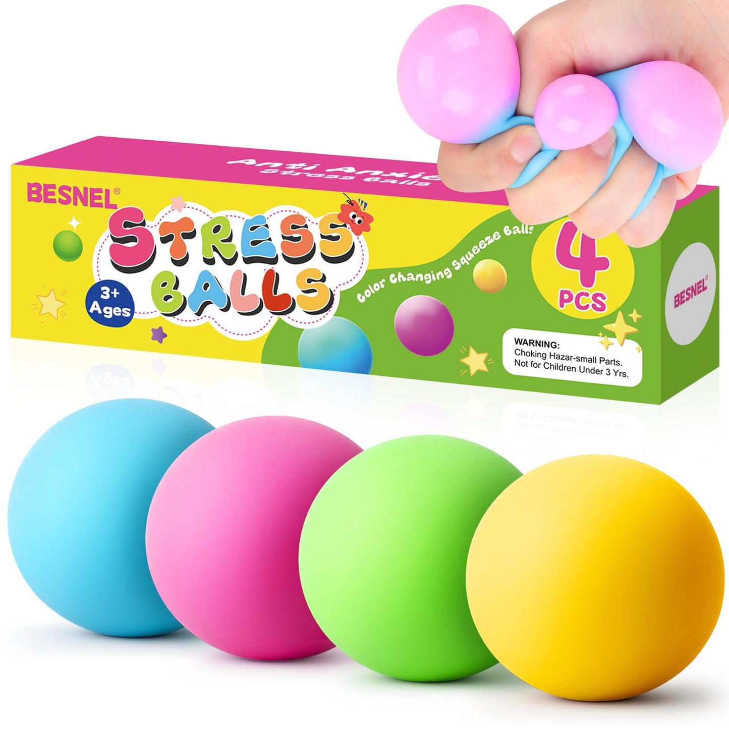 BESNEL Stress Balls 4 Pack — Color-Changing Fidget Toys for Anxiety Relief | Classroom Prizes