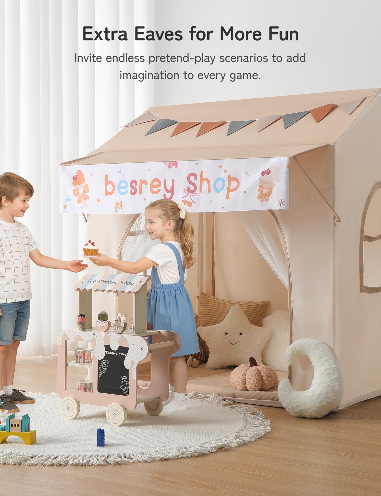 Besrey Kids Play Tent with Eave | 2-in-1 Canopy Bed Tent with Lights (47 in L x 35 in W x 51 in H)