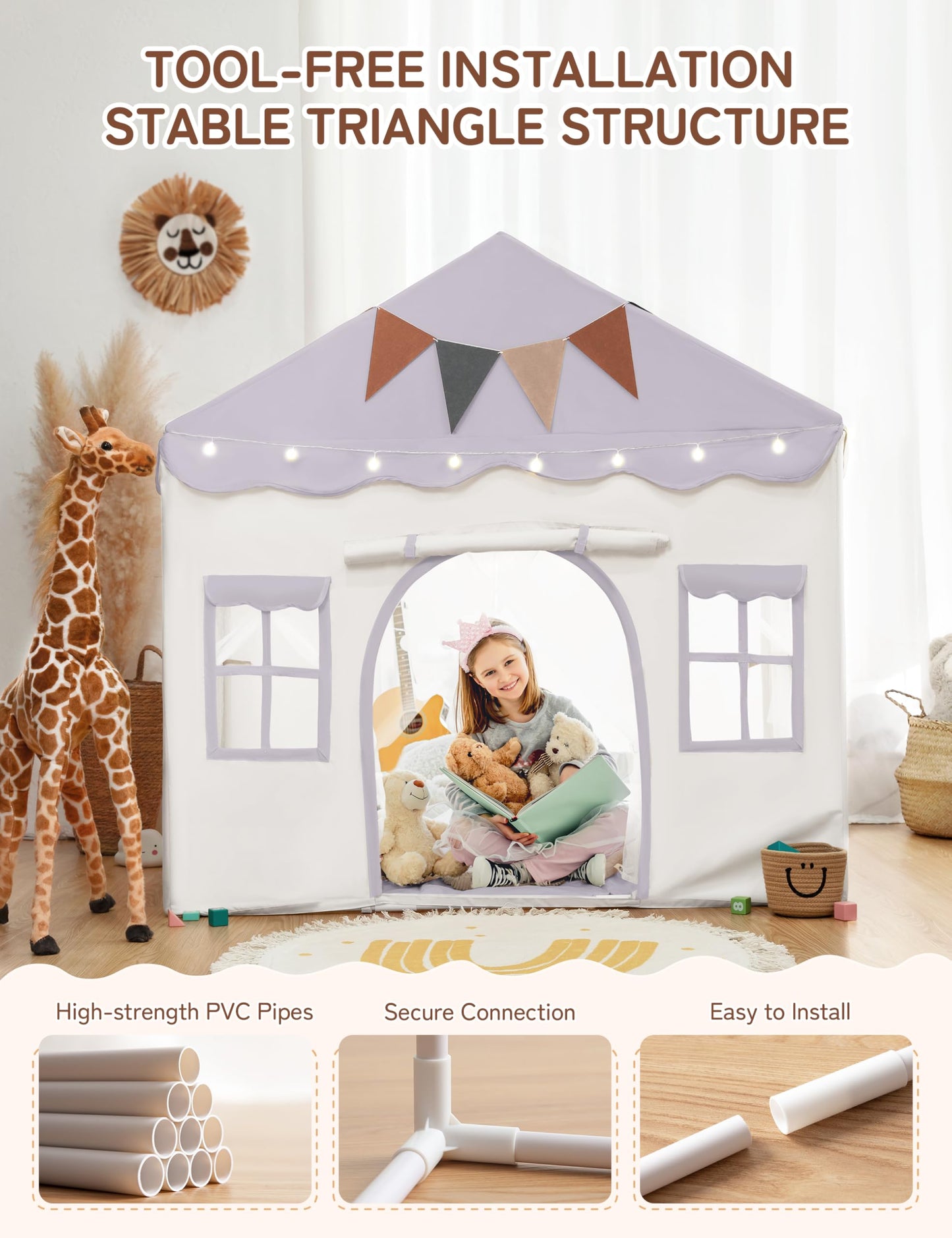 Besrey Kids Play Tent 2-in-1 with Padded Mat & Lights – Large Indoor/Outdoor Playhouse, 51 x 35 x 51 in (Purple)