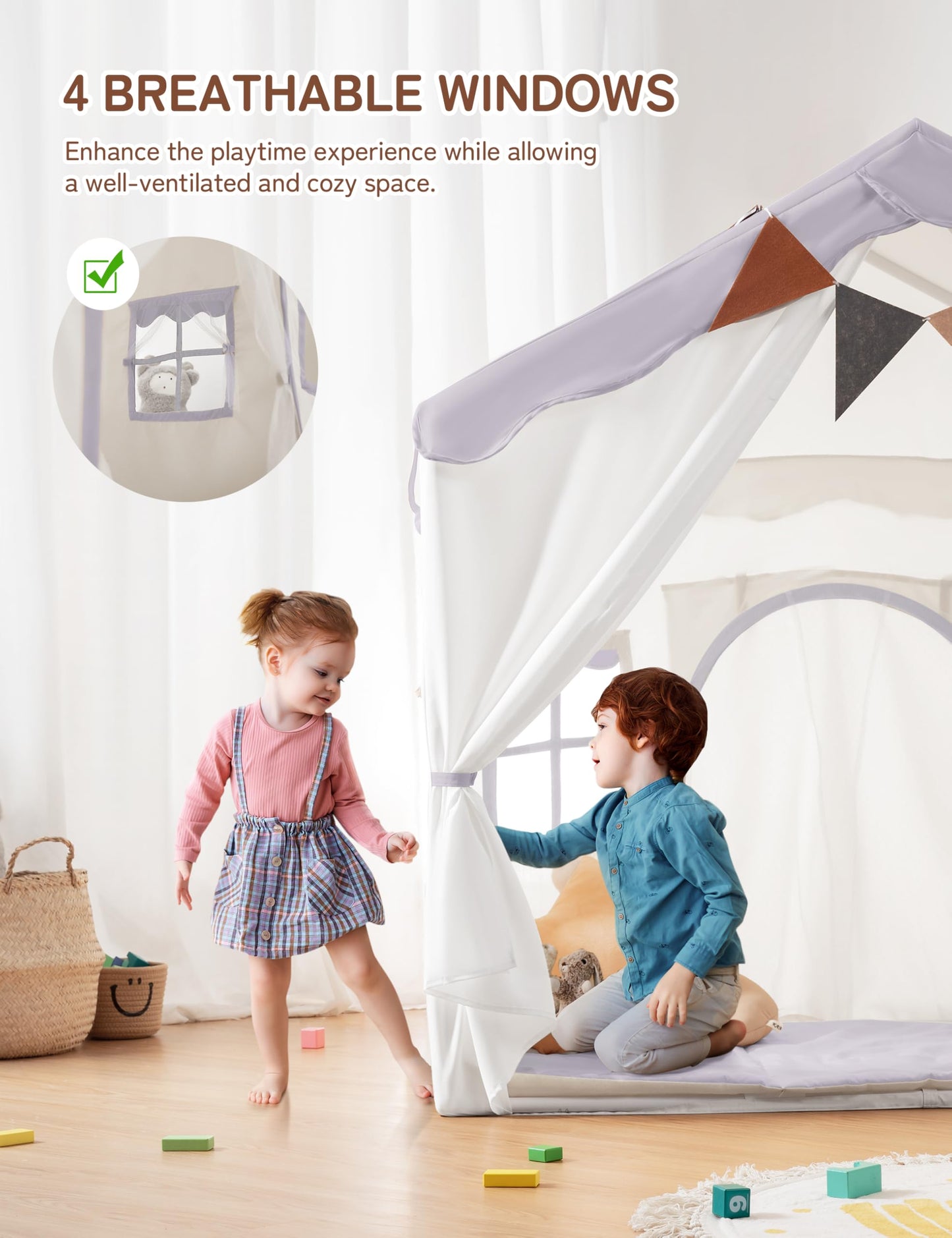 Besrey Kids Play Tent 2-in-1 with Padded Mat & Lights – Large Indoor/Outdoor Playhouse, 51 x 35 x 51 in (Purple)