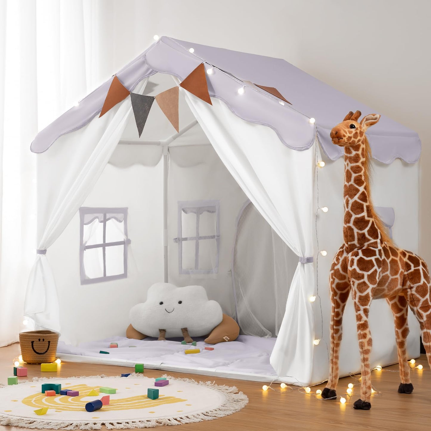 Besrey Kids Play Tent 2-in-1 with Padded Mat & Lights – Large Indoor/Outdoor Playhouse, 51 x 35 x 51 in (Purple)