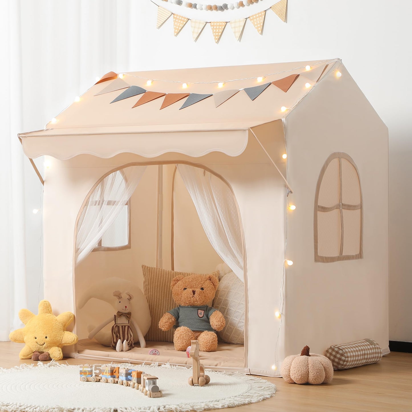 Besrey Kids Play Tent with Eave | 2-in-1 Canopy Bed Tent with Lights (47 in L x 35 in W x 51 in H)