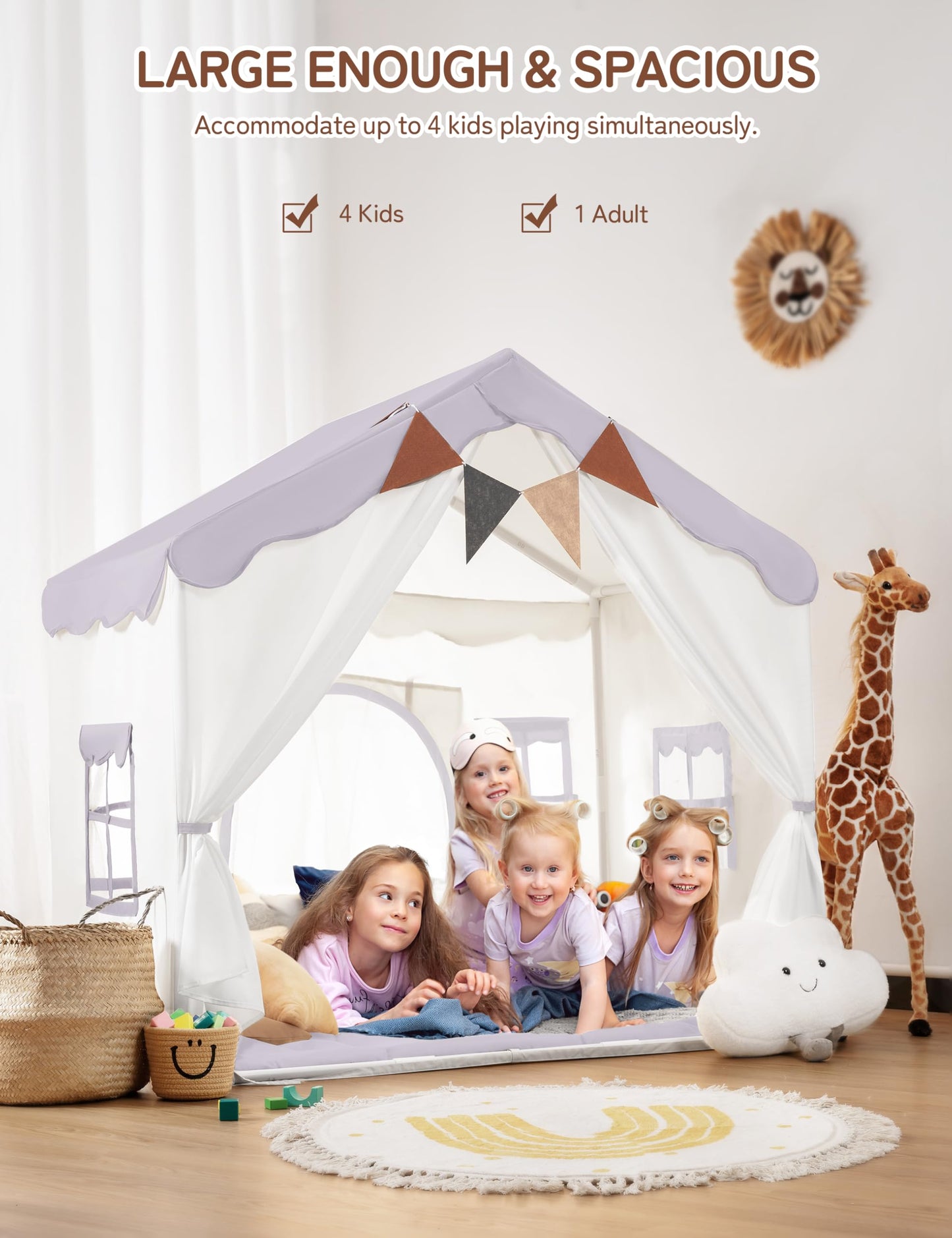 Besrey Kids Play Tent 2-in-1 with Padded Mat & Lights – Large Indoor/Outdoor Playhouse, 51 x 35 x 51 in (Purple)