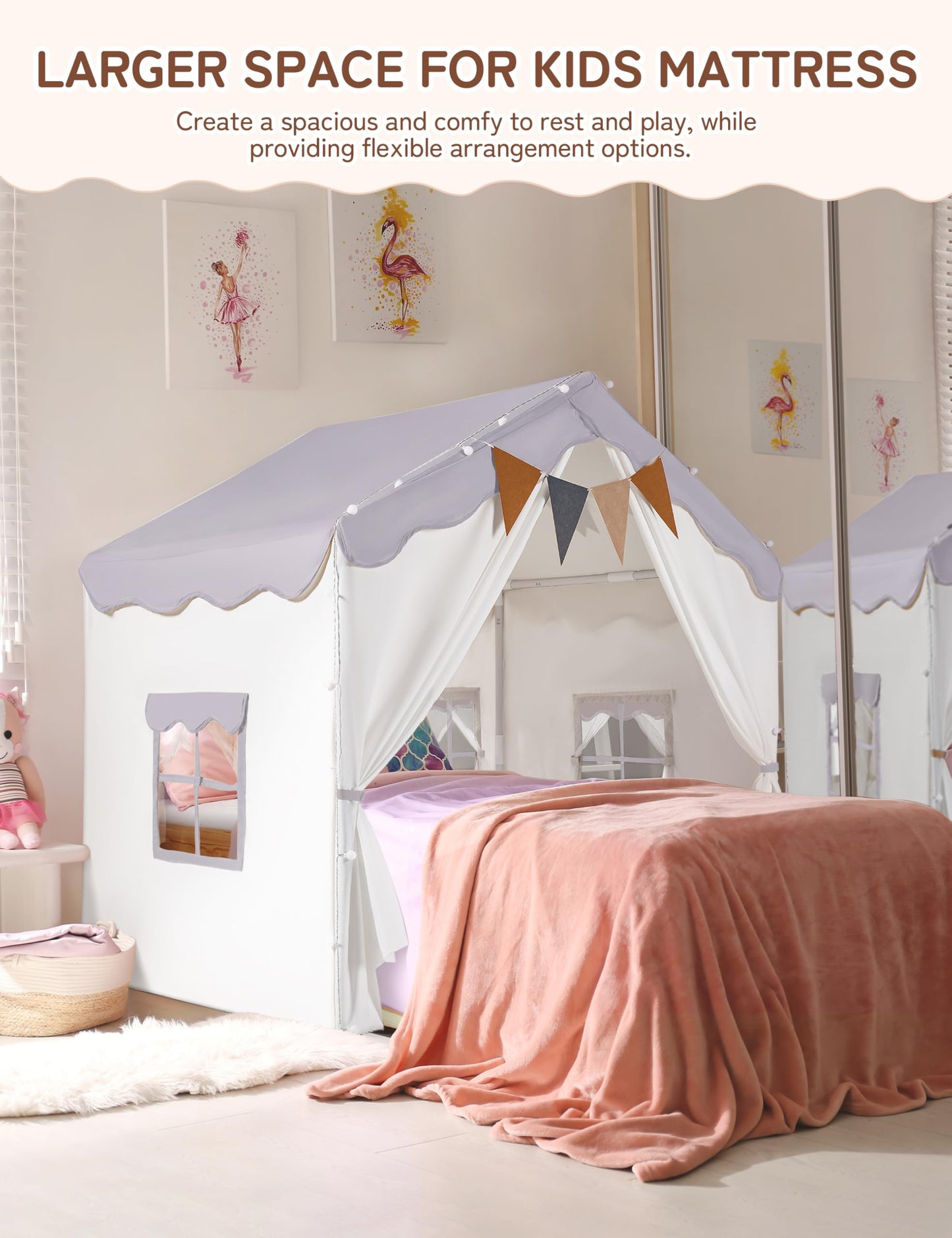 Besrey Kids Play Tent 2-in-1 with Padded Mat & Lights – Large Indoor/Outdoor Playhouse, 51 x 35 x 51 in (Purple)