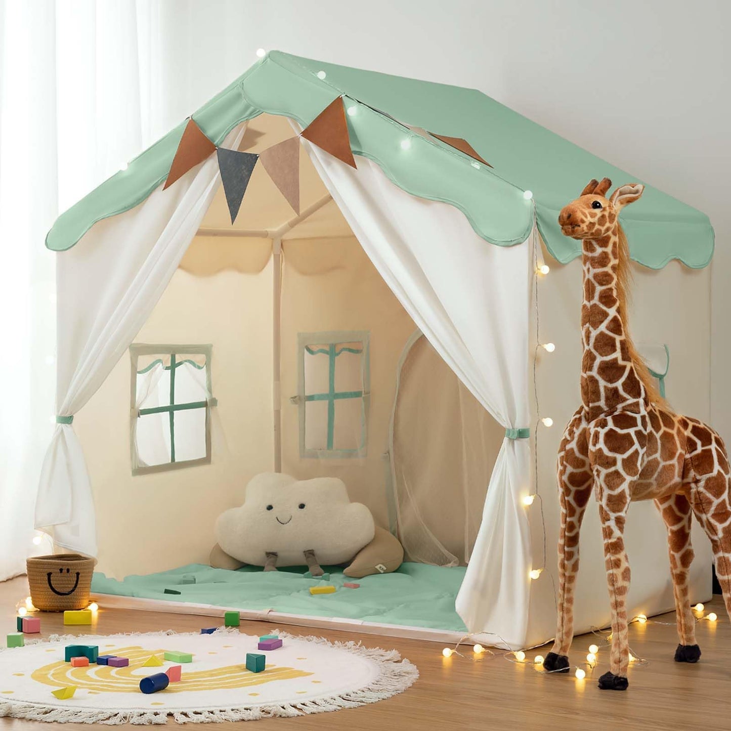 Besrey Kids Tent 2-in-1 Playhouse with Padded Mat & Lights | 51" x 35" x 51" (Green)