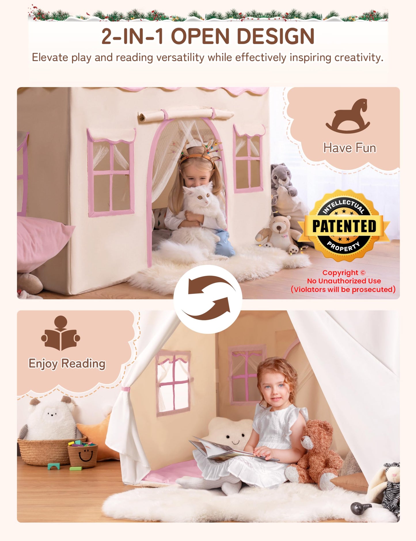 Besrey Kids Tent 2-in-1 with Padded Mat & Lights — Large Indoor/Outdoor Playhouse (Pink) 51" x 35" x 51"