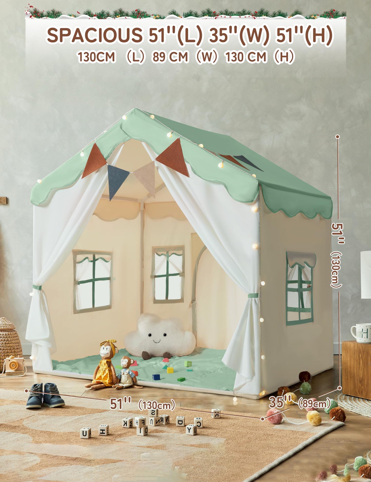Besrey Kids Tent 2-in-1 Playhouse with Padded Mat & Lights | 51" x 35" x 51" (Green)
