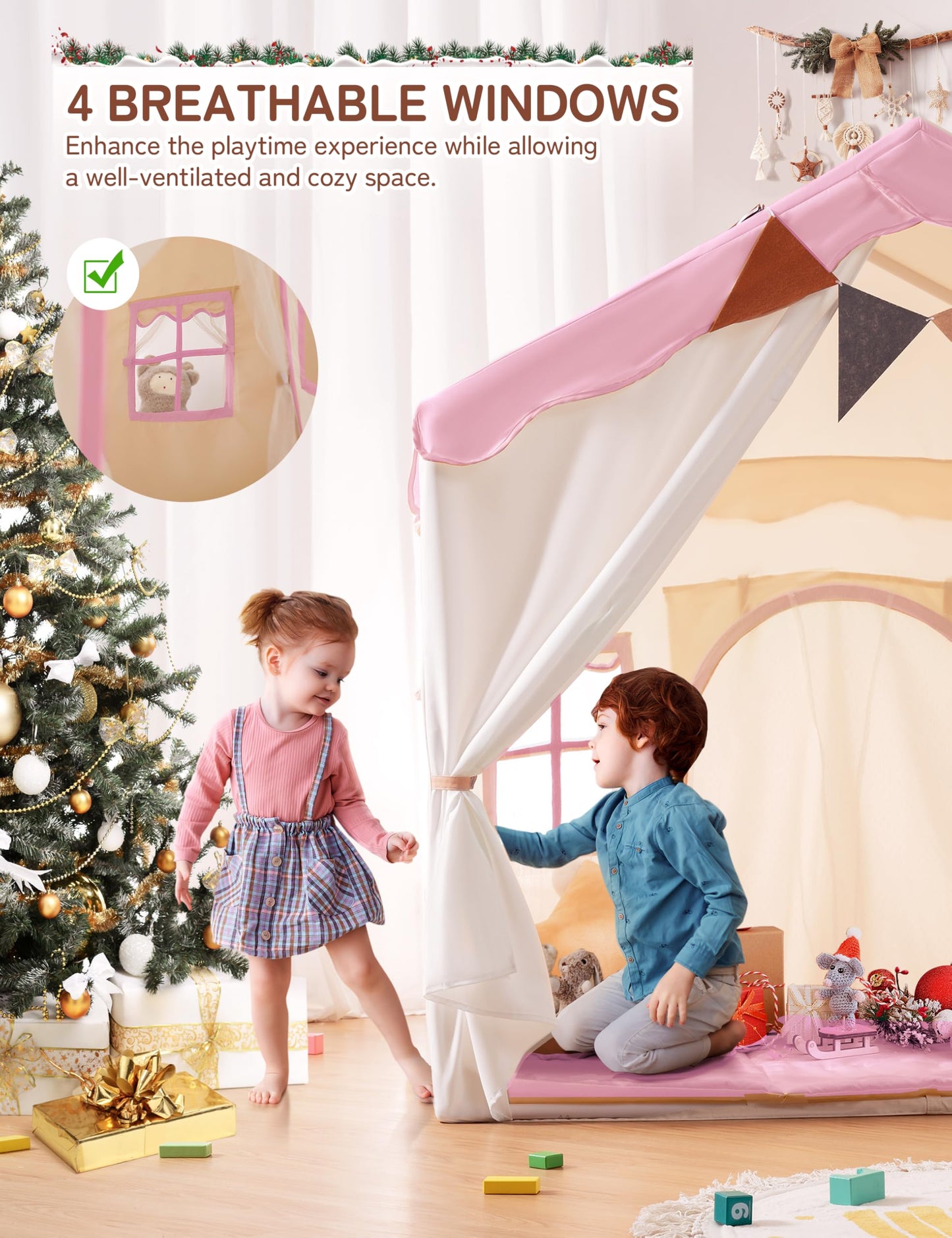 Besrey Kids Tent 2-in-1 with Padded Mat & Lights — Large Indoor/Outdoor Playhouse (Pink) 51" x 35" x 51"