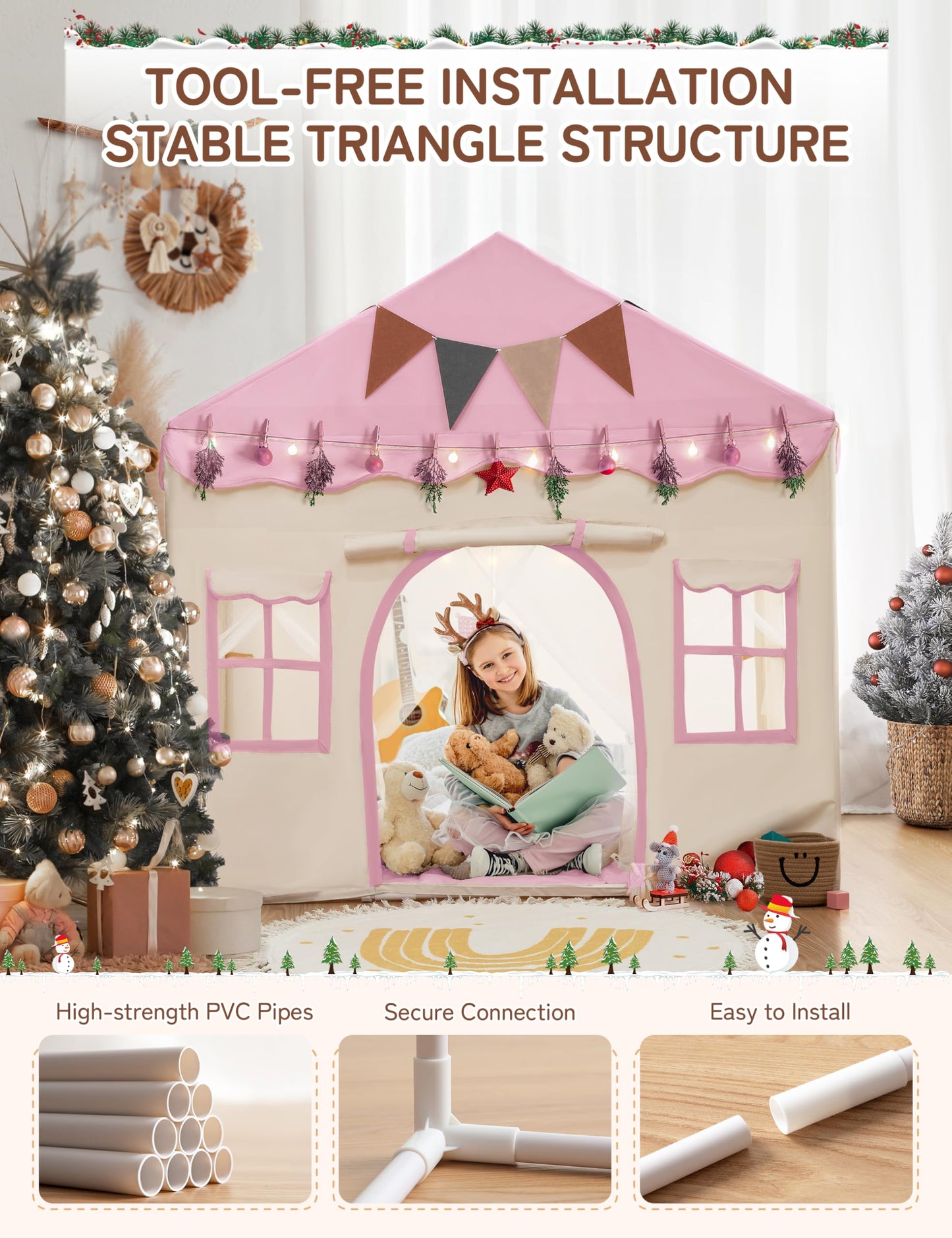 Besrey Kids Tent 2-in-1 with Padded Mat & Lights — Large Indoor/Outdoor Playhouse (Pink) 51" x 35" x 51"
