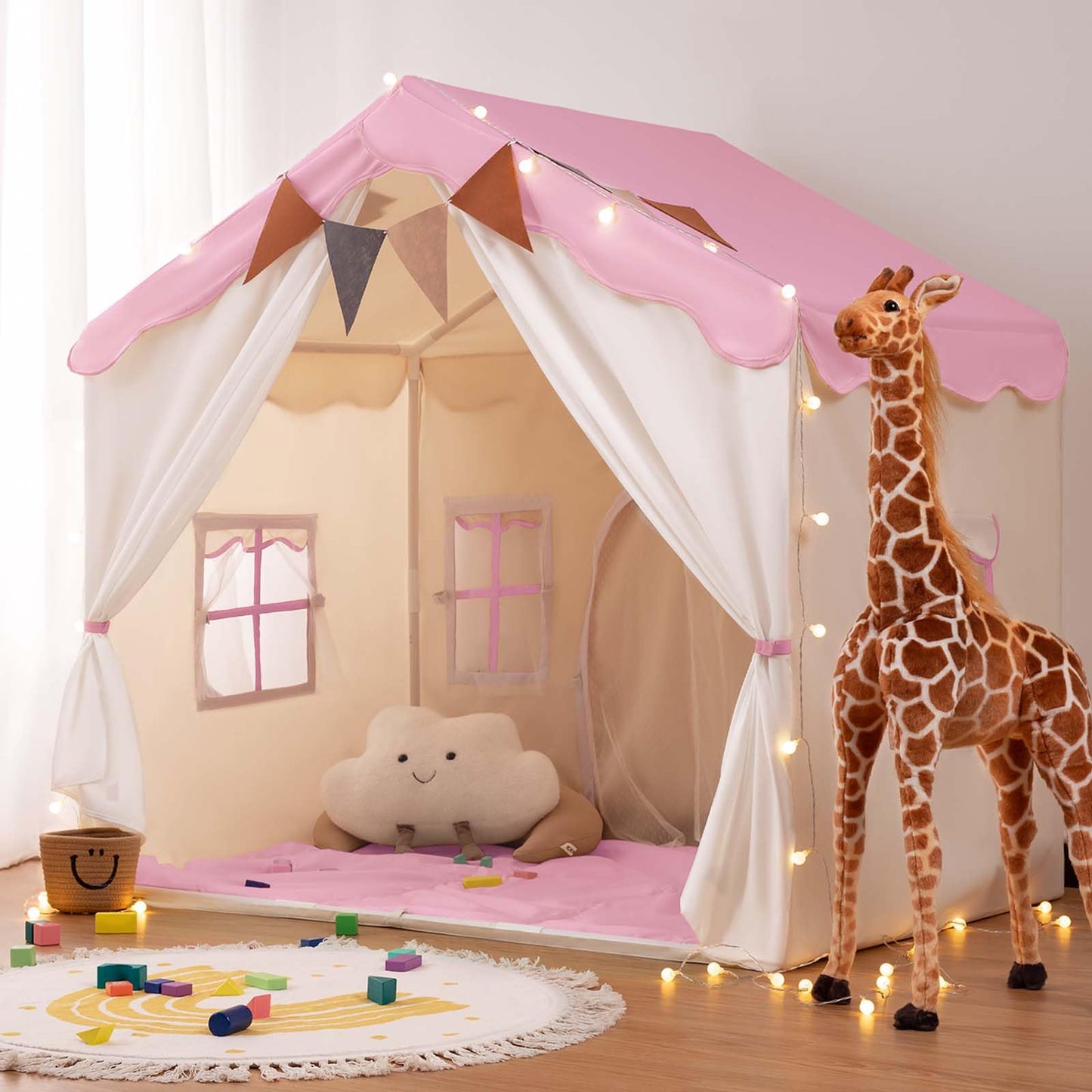 Besrey Kids Tent 2-in-1 with Padded Mat & Lights — Large Indoor/Outdoor Playhouse (Pink) 51" x 35" x 51"