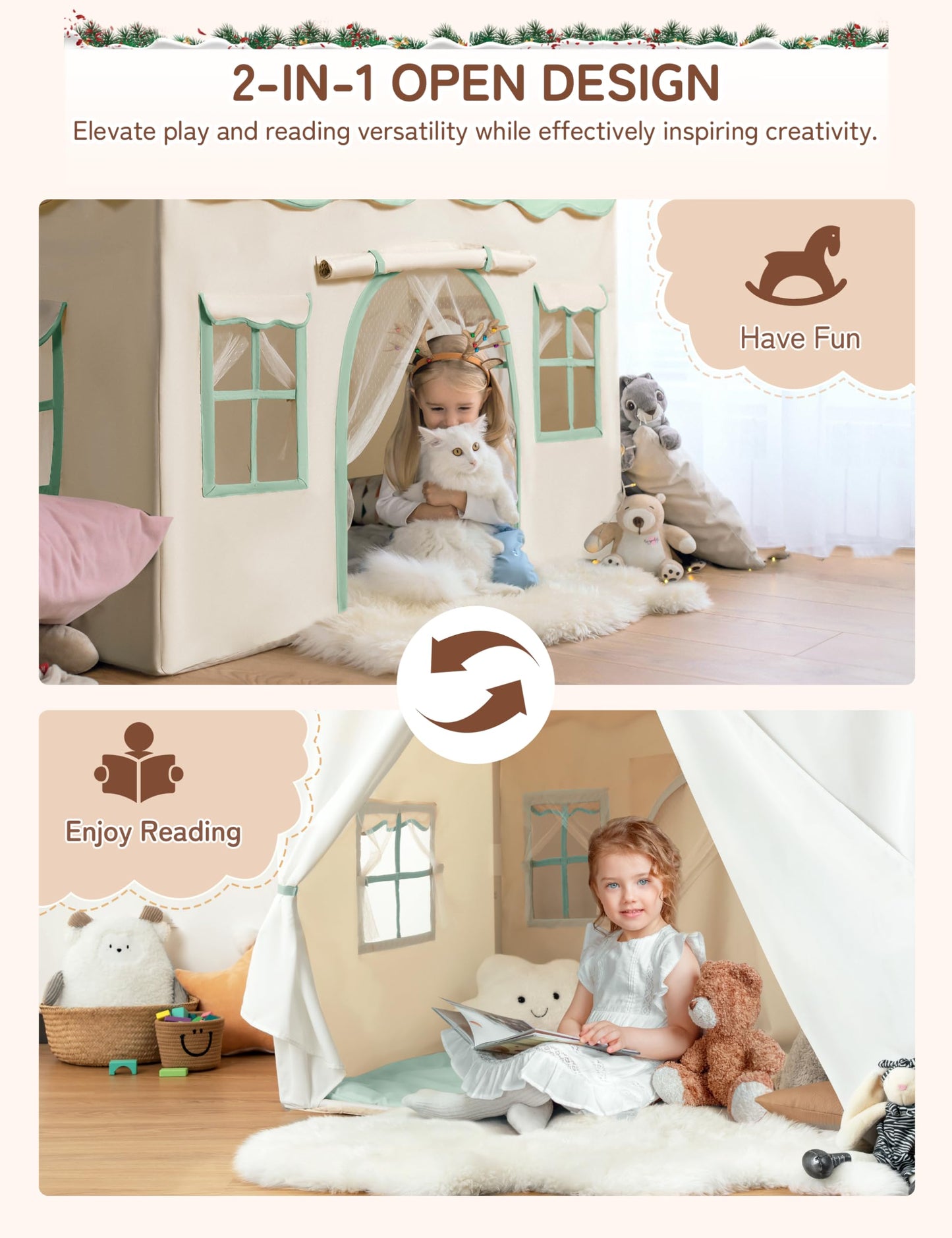 Besrey Kids Tent 2-in-1 Playhouse with Padded Mat & Lights | 51" x 35" x 51" (Green)