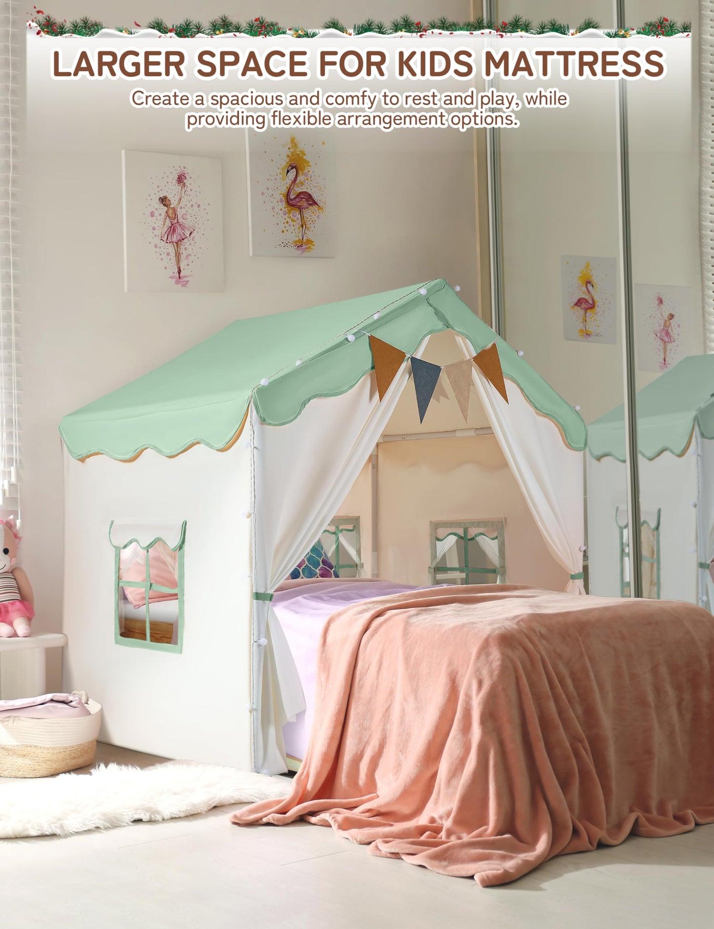 Besrey Kids Tent 2-in-1 Playhouse with Padded Mat & Lights | 51" x 35" x 51" (Green)