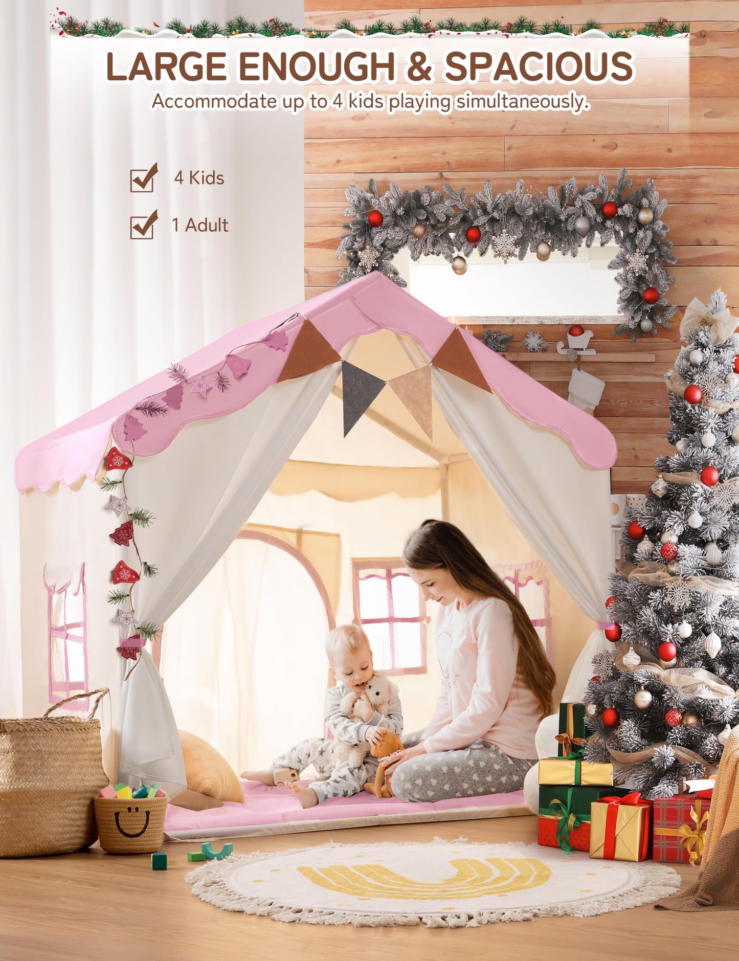 Besrey Kids Tent 2-in-1 with Padded Mat & Lights — Large Indoor/Outdoor Playhouse (Pink) 51" x 35" x 51"