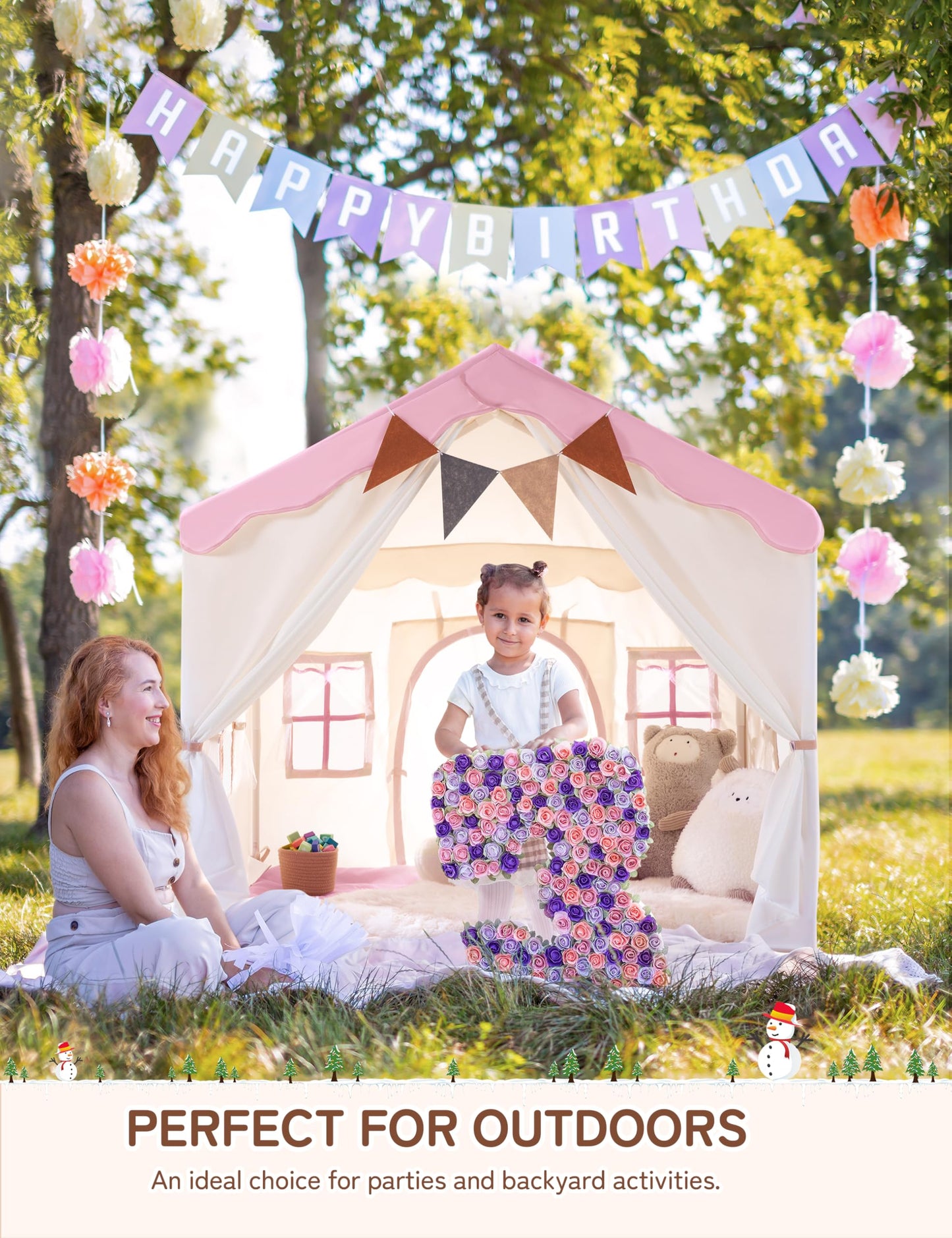 Besrey Kids Tent 2-in-1 with Padded Mat & Lights — Large Indoor/Outdoor Playhouse (Pink) 51" x 35" x 51"