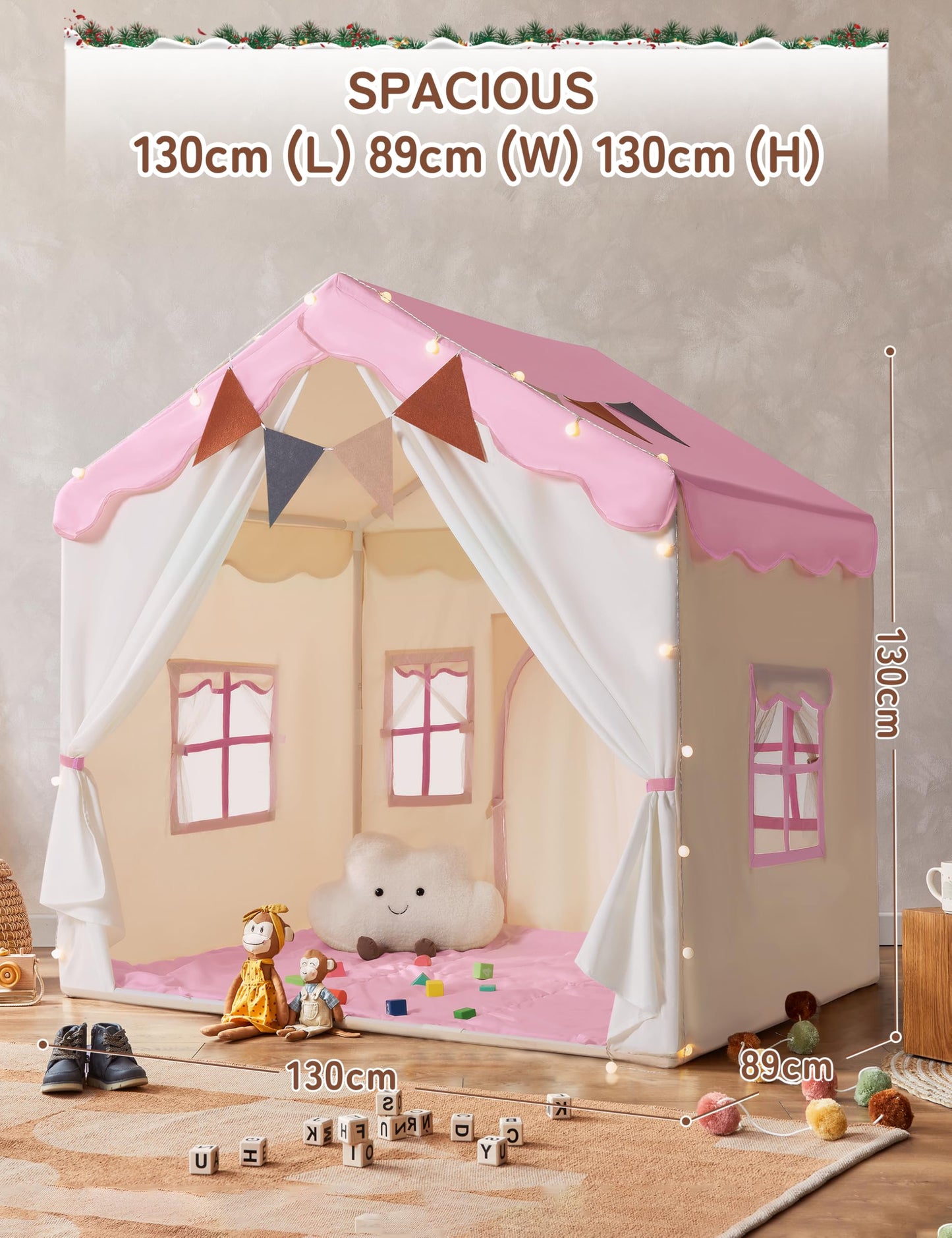 Besrey Kids Tent 2-in-1 with Padded Mat & Lights — Large Indoor/Outdoor Playhouse (Pink) 51" x 35" x 51"