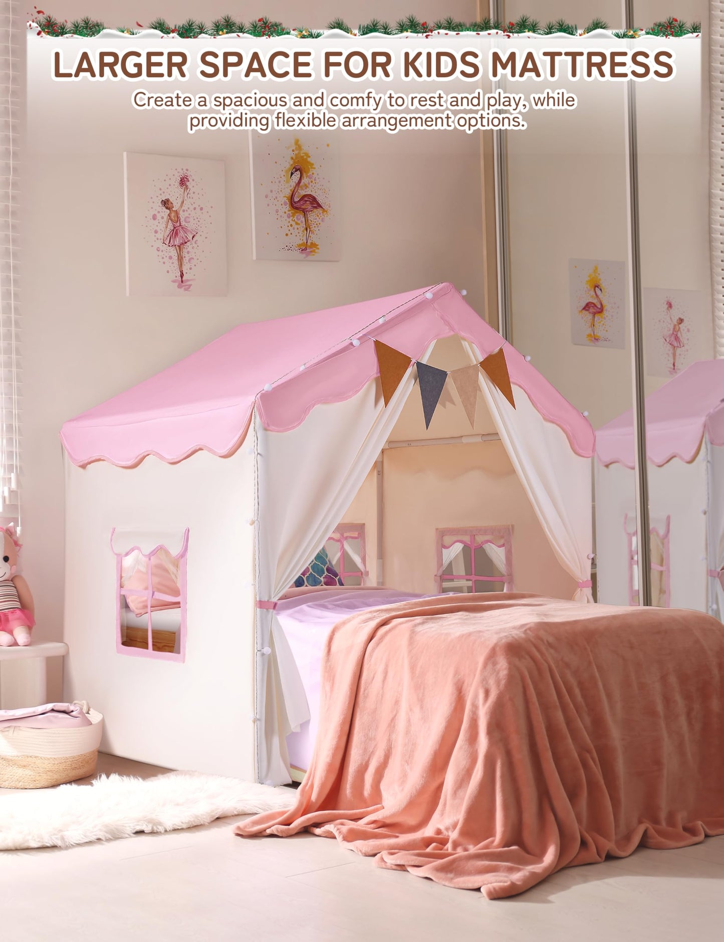Besrey Kids Tent 2-in-1 with Padded Mat & Lights — Large Indoor/Outdoor Playhouse (Pink) 51" x 35" x 51"