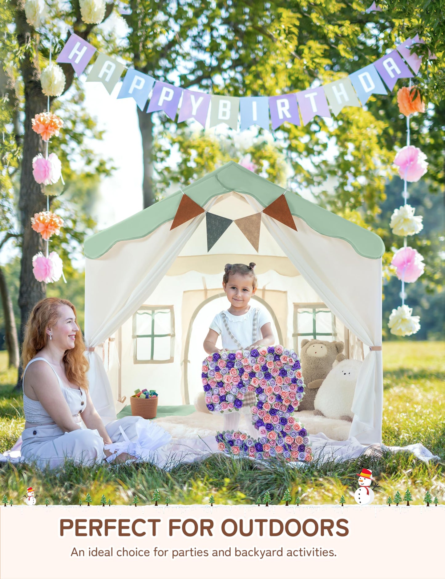 Besrey Kids Tent 2-in-1 Playhouse with Padded Mat & Lights | 51" x 35" x 51" (Green)