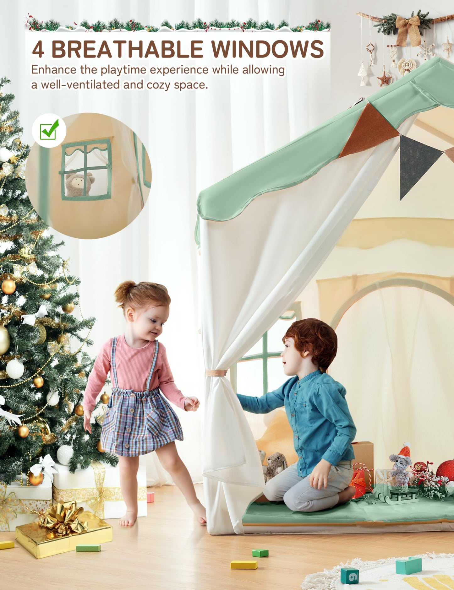 Besrey Kids Tent 2-in-1 Playhouse with Padded Mat & Lights | 51" x 35" x 51" (Green)