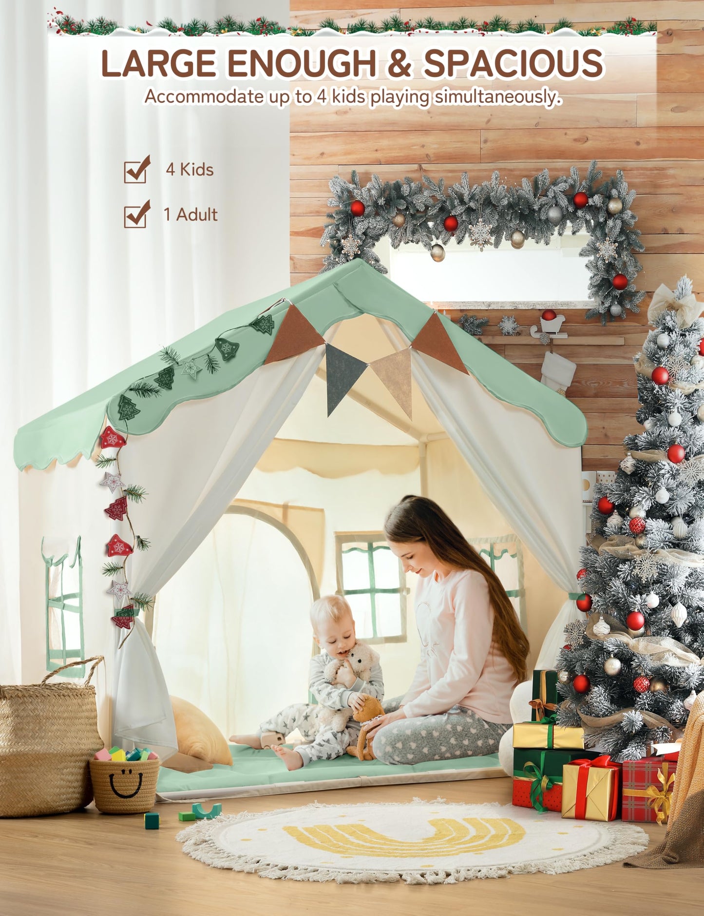 Besrey Kids Tent 2-in-1 Playhouse with Padded Mat & Lights | 51" x 35" x 51" (Green)