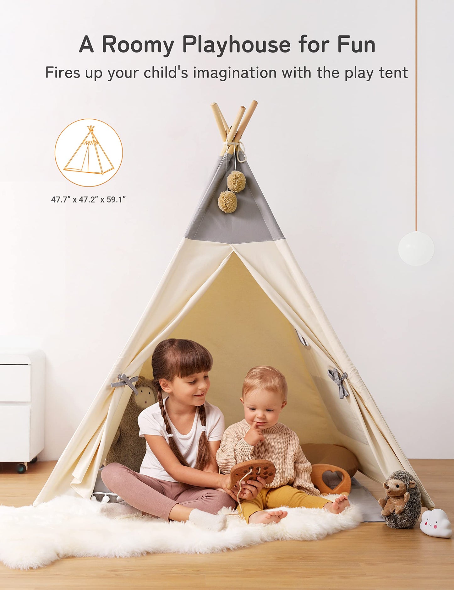 besrey Teepee Tent for Kids with Light & Cotton Floor Mat | Indoor Playhouse