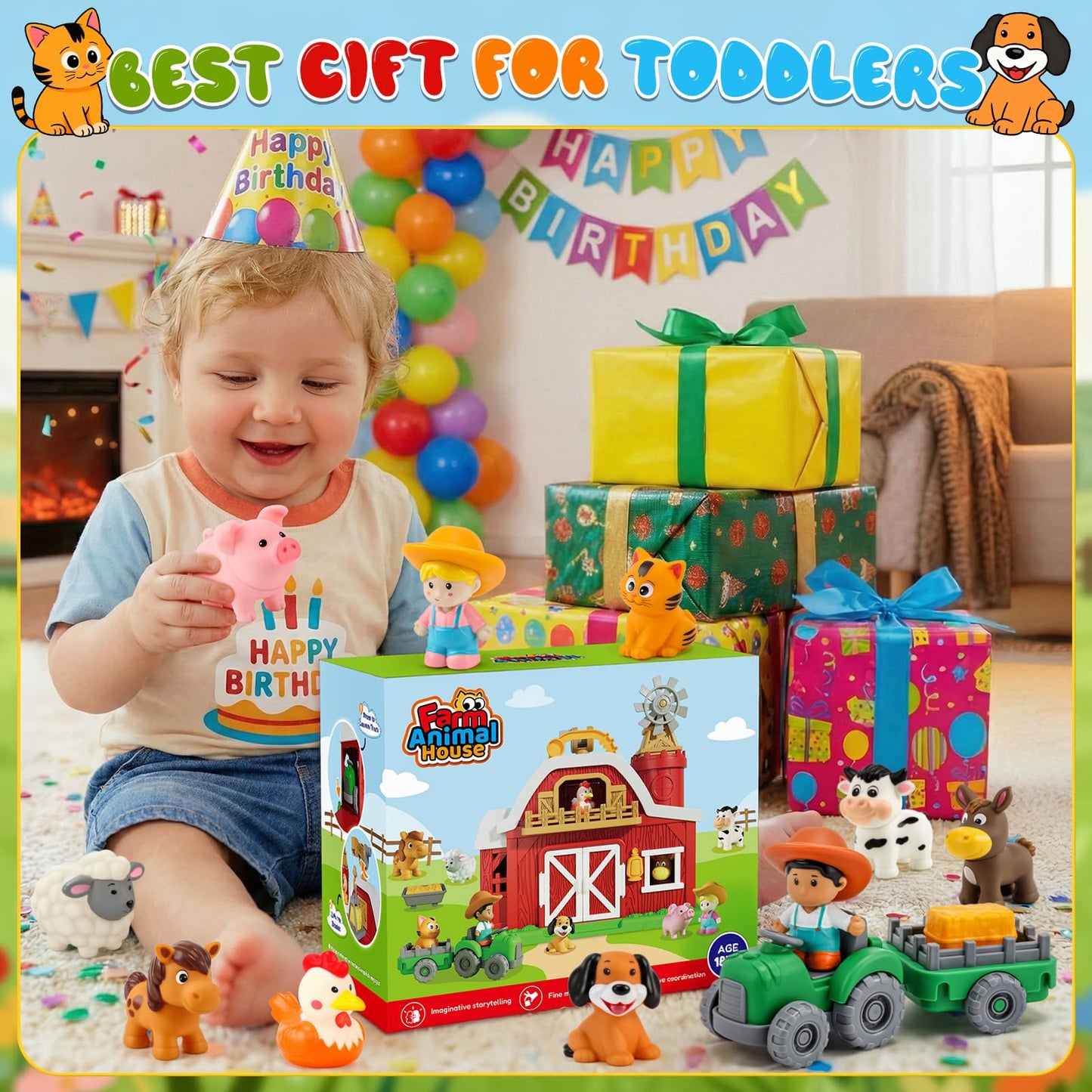 Bessome 15-Piece Upgraded Farm Barn Playset – Montessori Toddler Toys (18 Months+)