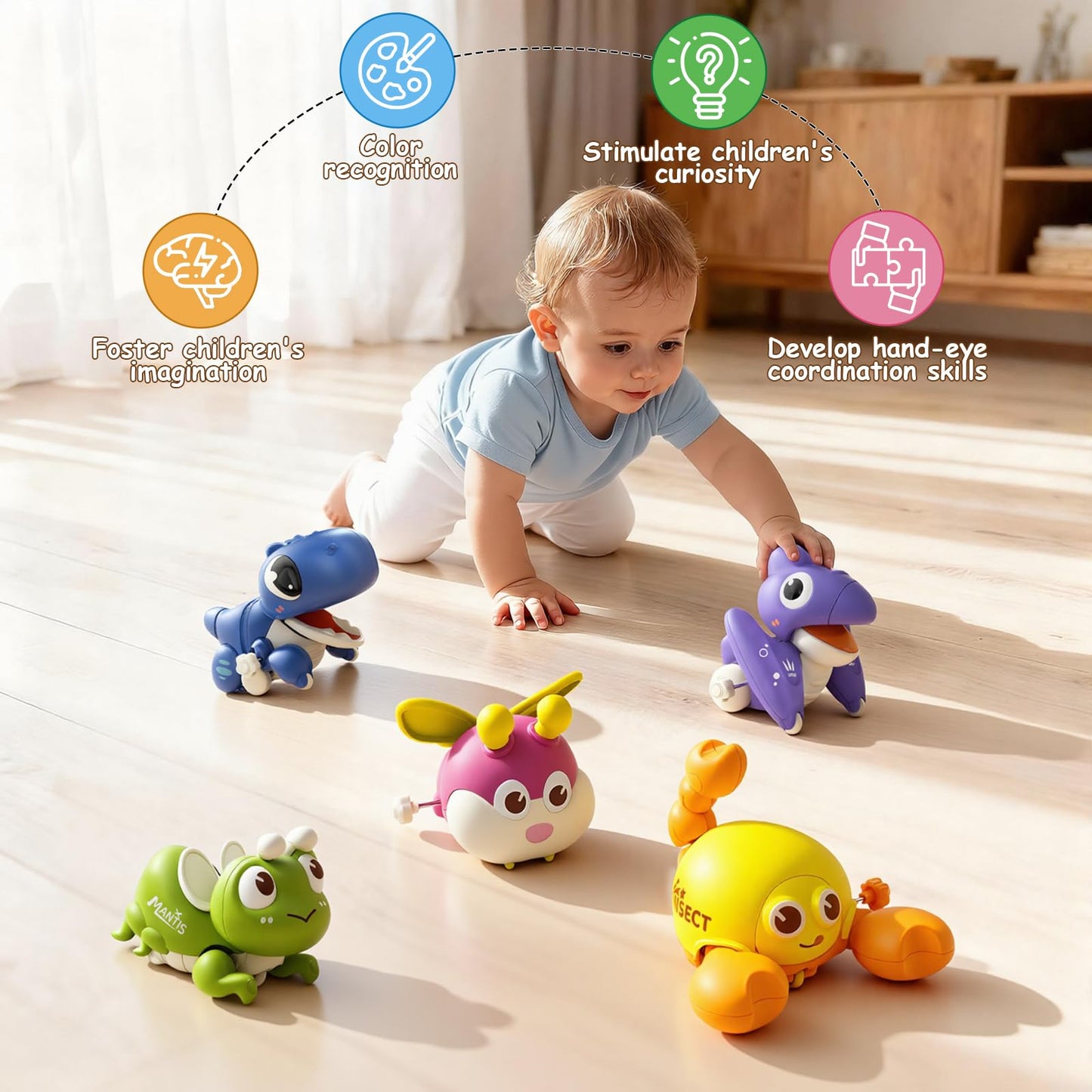 Bessome Wind-Up Crawling Baby Toys Set | Montessori-Inspired Push & Go Animals for 18 Months+
