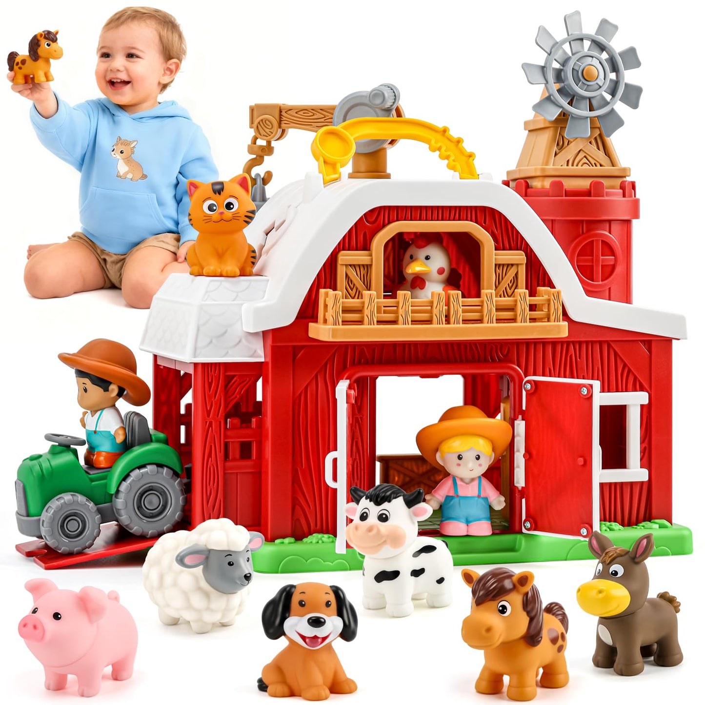 Bessome 15-Piece Upgraded Farm Barn Playset – Montessori Toddler Toys (18 Months+)