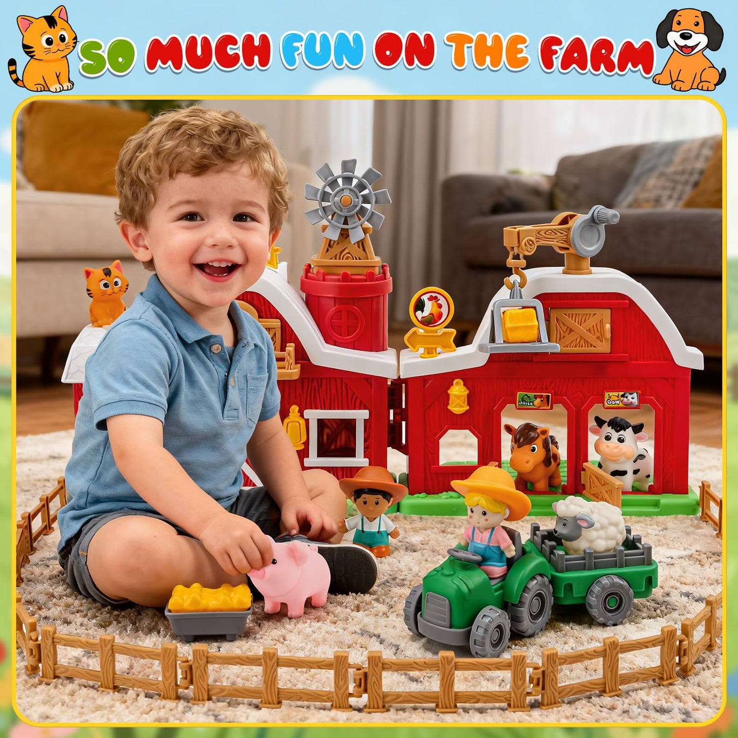 Bessome 15-Piece Upgraded Farm Barn Playset – Montessori Toddler Toys (18 Months+)